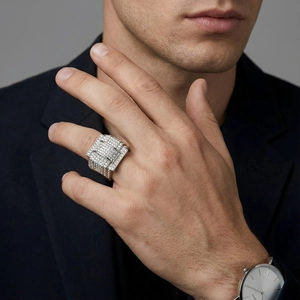 Luxury silver-plated men's ring with iced out pentagram star and micro-pave zircons
