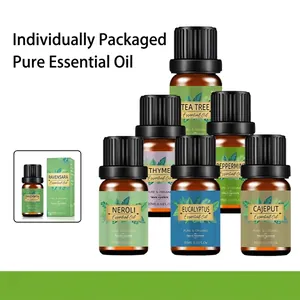 Variety of 10ml organic essential oils in amber glass bottles for aromatherapy use