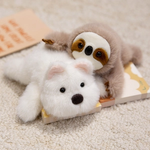 Cute plush capybara and sloth animal magnets on soft white rug for home decor