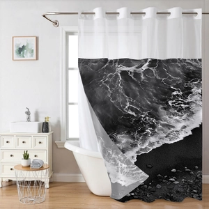 Detail view of double-layer marble shower curtain with durable silver metal grommets