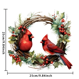 Detail of Christmas cardinal bird wreath sticker showing 25cm size and festive colors
