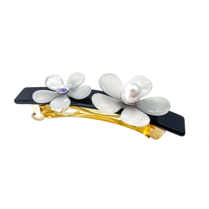 Elegant floral hair clip with pearl and rhinestone on black acetate duckbill barrette