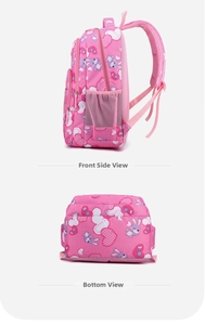 Side and bottom views of girls school backpack with pink rabbit and heart patterns