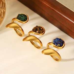 French vintage gold plated stainless steel rings with green brown and blue crushed stone