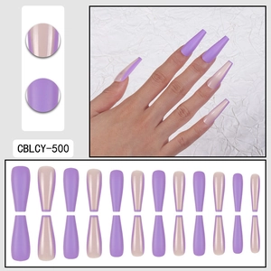 Long ballerina press-on nail set in lilac purple and nude color block design