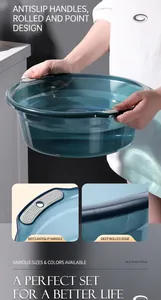 Detail of transparent dark green plastic basin with anti-slip handles and wide rolled edges