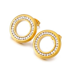 Golden geometric hollow circle stud earrings with sparkling cubic zirconia on white background