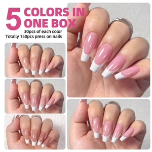 5-color French manicure set with 150 pieces of long ballerina pink press-on nails