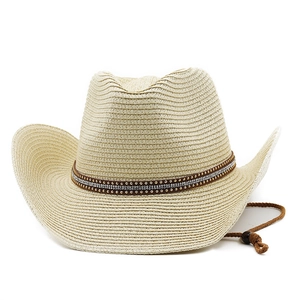 Detail of a straw cowboy hat featuring a rhinestone-beaded band and adjustable chin strap