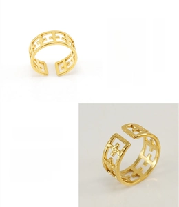 Detailed view of 18K gold plated stainless steel hollow ring with geometric frame pattern