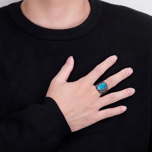 Vintage eagle ring for men with turquoise stone in antique silver finish and vine patterns