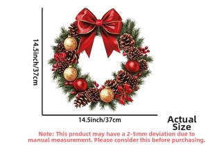 Christmas wreath with red bow and pine cones, 14.5 inch diameter size chart