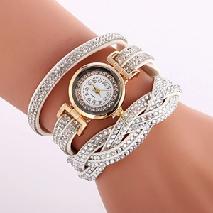 Elegant gold quartz watch for women with multi-layer white rhinestone wrap bracelet strap