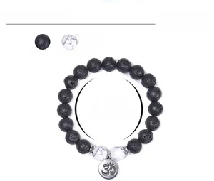 Detailed size info for 10mm lava stone and white howlite bead bracelet with Om charm