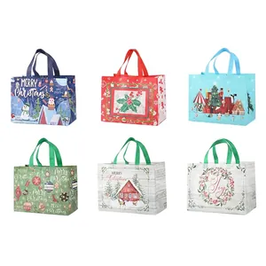 Set of six festive Christmas non-woven gift bags with reindeer and Santa Claus designs