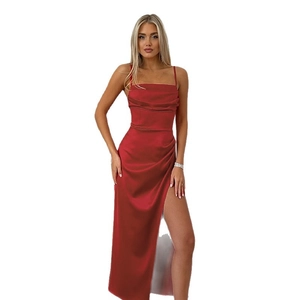 Red satin slip maxi dress featuring sexy side split and elegant spaghetti straps