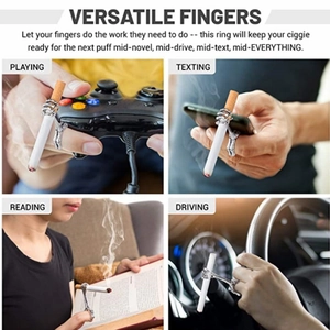 Skeleton hand cigarette holder ring shown in gaming, texting, reading and driving scenarios