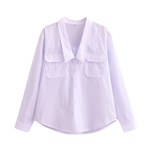 Women's V-neck light purple long sleeve shirt with front pockets in a loose casual style