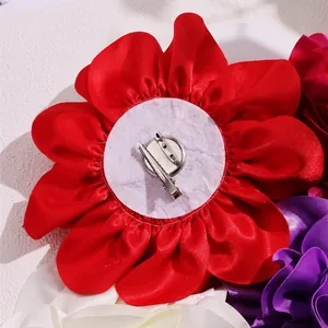 19cm Red satin flower brooch and hair clip combo with silver pin and duckbill clip back