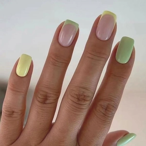 French Press On Nails Square Round Shape Avocado Green Lemon Yellow Macaron Colors Fresh Pastoral Style Artificial Fingernails