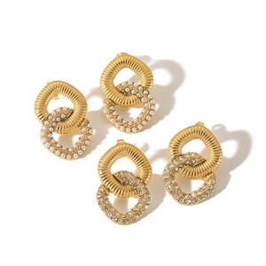 Square Double Circle Earrings Stainless Steel Artificial Pearl Zircon Interlocking Geometric French Niche Luxury Jewelry For Women