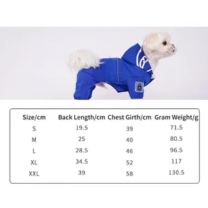 Waterproof dog jacket for small breeds with reflective stripes and size chart guide