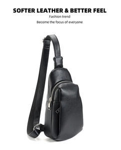 Detail shot of the black soft leather chest bag showing metal zipper and fine texture