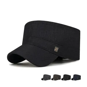 Men Cadet Cap Military Hat Polyester Cotton Twill Adjustable Metal Buckle Business Casual Vintage Flat Top Sun Hat