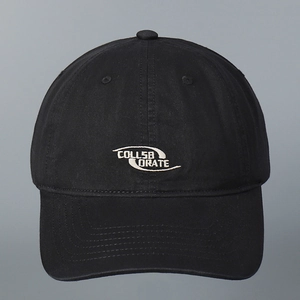 Close-up of black cotton baseball cap featuring white line-art embroidery on the front