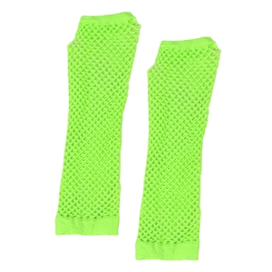 Detailed view of neon green fishnet fingerless gloves in stretchy mesh punk style