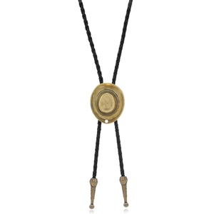 Detail of bronze cowboy hat bolo tie slider with black braided leather and metal tips