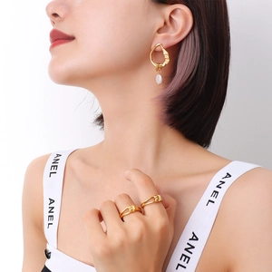 French style gold asymmetrical irregular pearl earrings and layered twist rings set