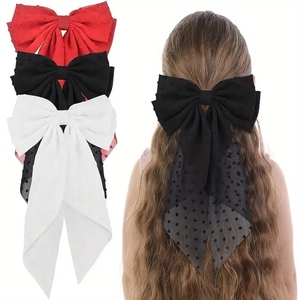 Polka dot chiffon oversized bow hair clip with long ribbons for women hair styling