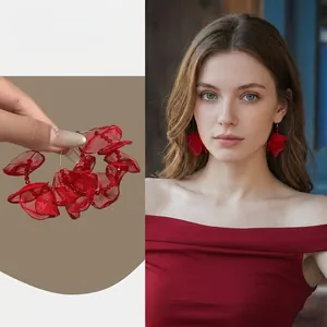 Exquisite red flower earrings with pearls and zircons shown on model and as a close-up