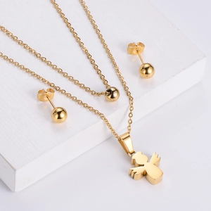 Collier Double Couche Pendentif Ange Boucles D'oreilles Boule Ronde Acier Titane Bijoux Mode Minimaliste Cadeau Élégant Femmes