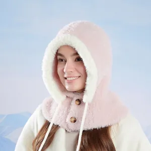 Pink plush balaclava hat with white faux fur trim and amber buttons for winter outdoor warmth