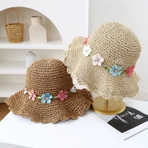 Cappello Di Paglia Di Carta Intrecciato A Mano Donna Bordo Ondulato Tesa Larga Decorazione Floreale Tessuto Mare