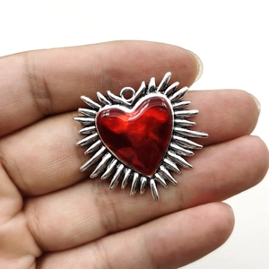 Gothic sacred heart pendant with red enamel inlay and silver finish zinc alloy spikes