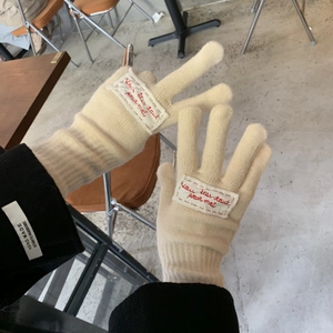Beige knitted touch screen gloves with red embroidery patches and warm thickened fabric