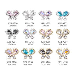 12-color alloy butterfly nail art charms with colorful rhinestones in gold and silver base