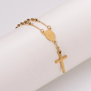 Rosary Bracelet 304 Stainless Steel 18K Gold Plated Cross Pendant Saint Medal Religious Jewelry Versatile Fashion