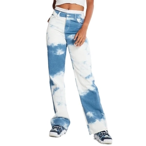 Women's slim fit straight leg denim jeans with blue and white cloud dye print pattern