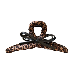 Leopard print leopard fabric hair claw with black faux leather bow for women