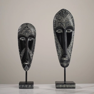 Afrikaanse Tribale Masker Sculptuur Handgeschilderd Hars Vintage Geometrisch Patroon Desktop Ornament Woondecoratie Kunststandbeeld