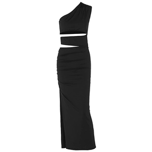 Slim fit black one shoulder cutout maxi dress with ruched details and asymmetric waist