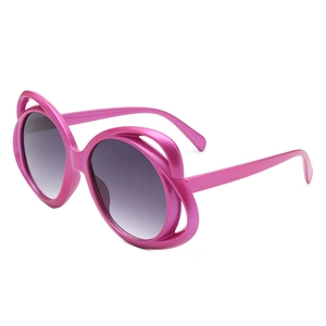 Fashionable rose pink oval sunglasses with gradient grey lenses in a hollow frame design