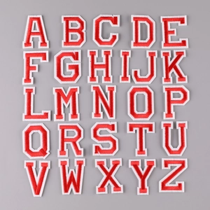 Set of 26 red varsity style iron-on alphabet letter patches for custom apparel and DIY