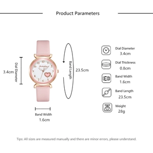 Detailed size parameters for pink leather watch with dial measurements and band length