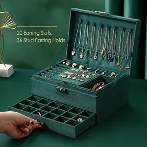 Three-layer dark green velvet jewelry organizer for necklaces, rings, and earrings
