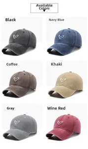Selection of washed vintage baseball caps featuring heart embroidery in six various colors